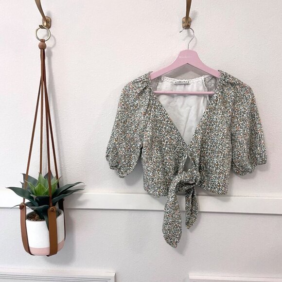 Abercrombie & Fitch Peach Floral Print Tie-Front Linen Blend Blouse Top XS - Picture 2 of 5